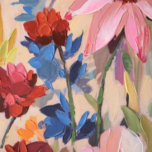 Close-up of painterly wildflowers in pink, red and blue
