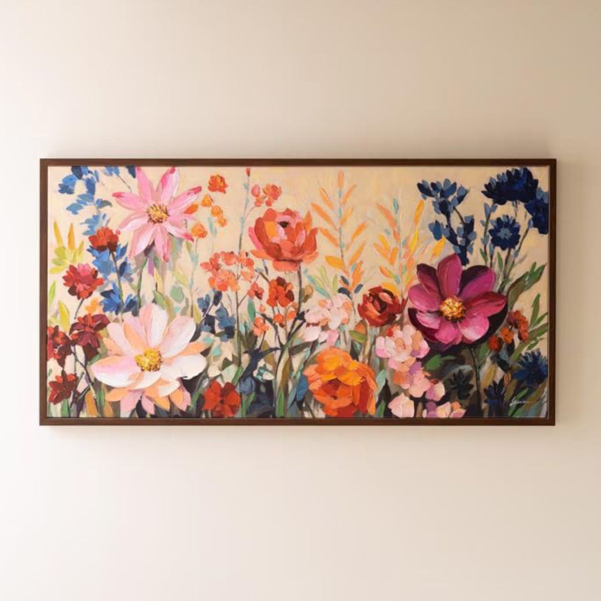Painted Garden Blooms Canvas Art, wide framed floral painting hung on a wall