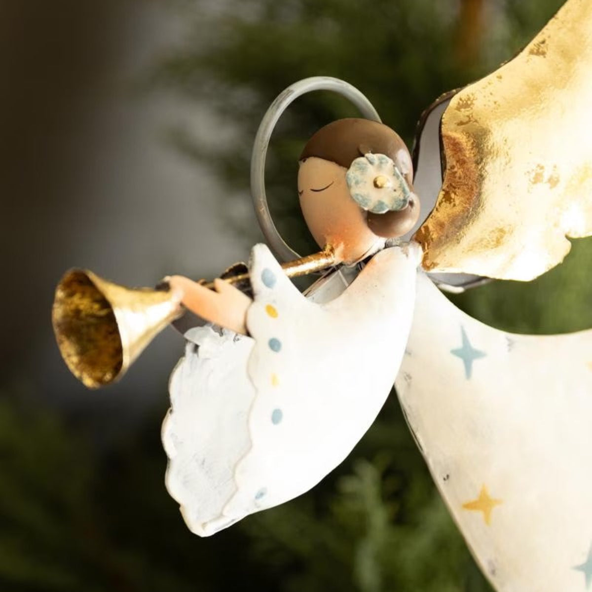Painted Metal Christmas Angels on Stands, blue and white angels with gold trumpets