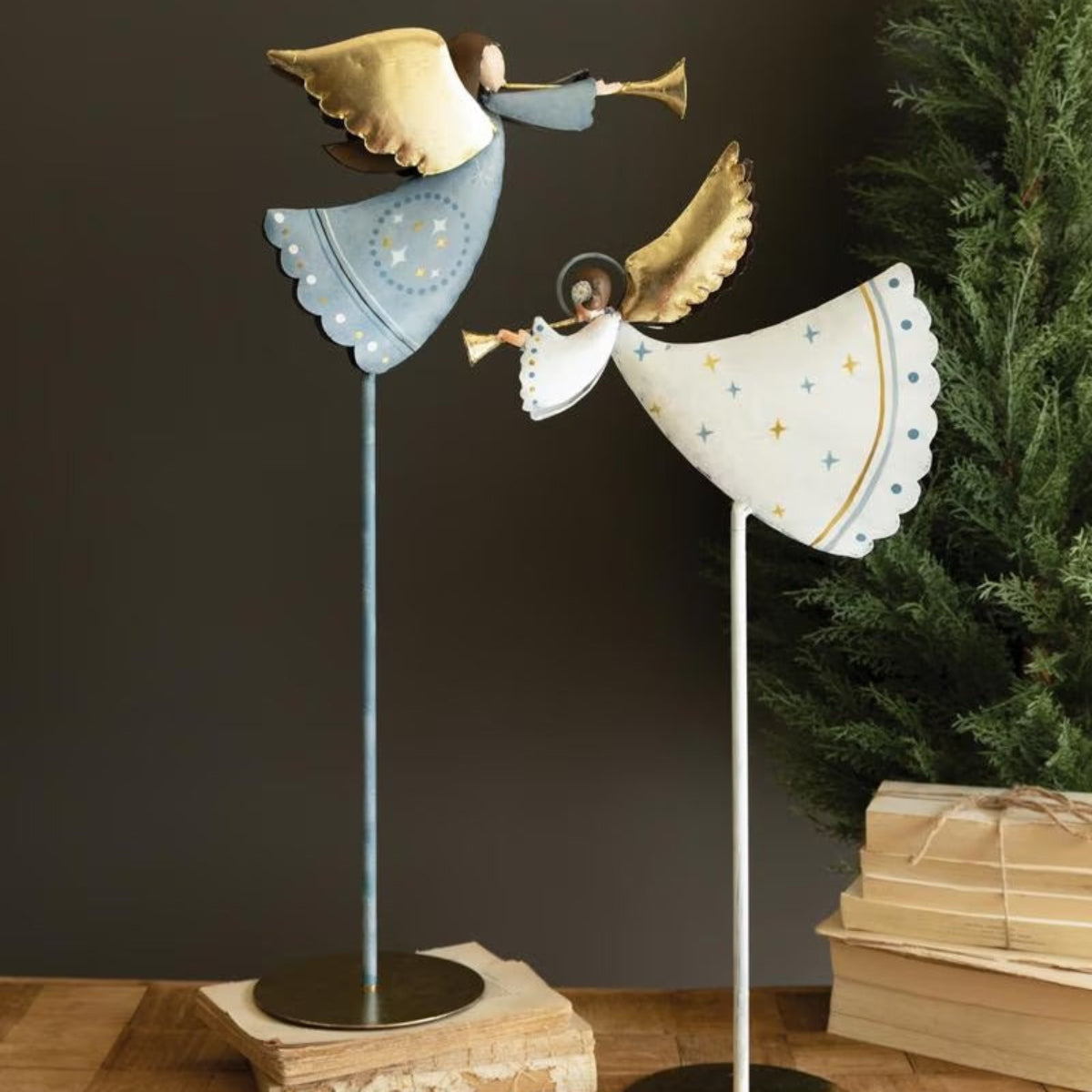 Painted Metal Christmas Angels on Stands, blue and white angels with gold trumpets