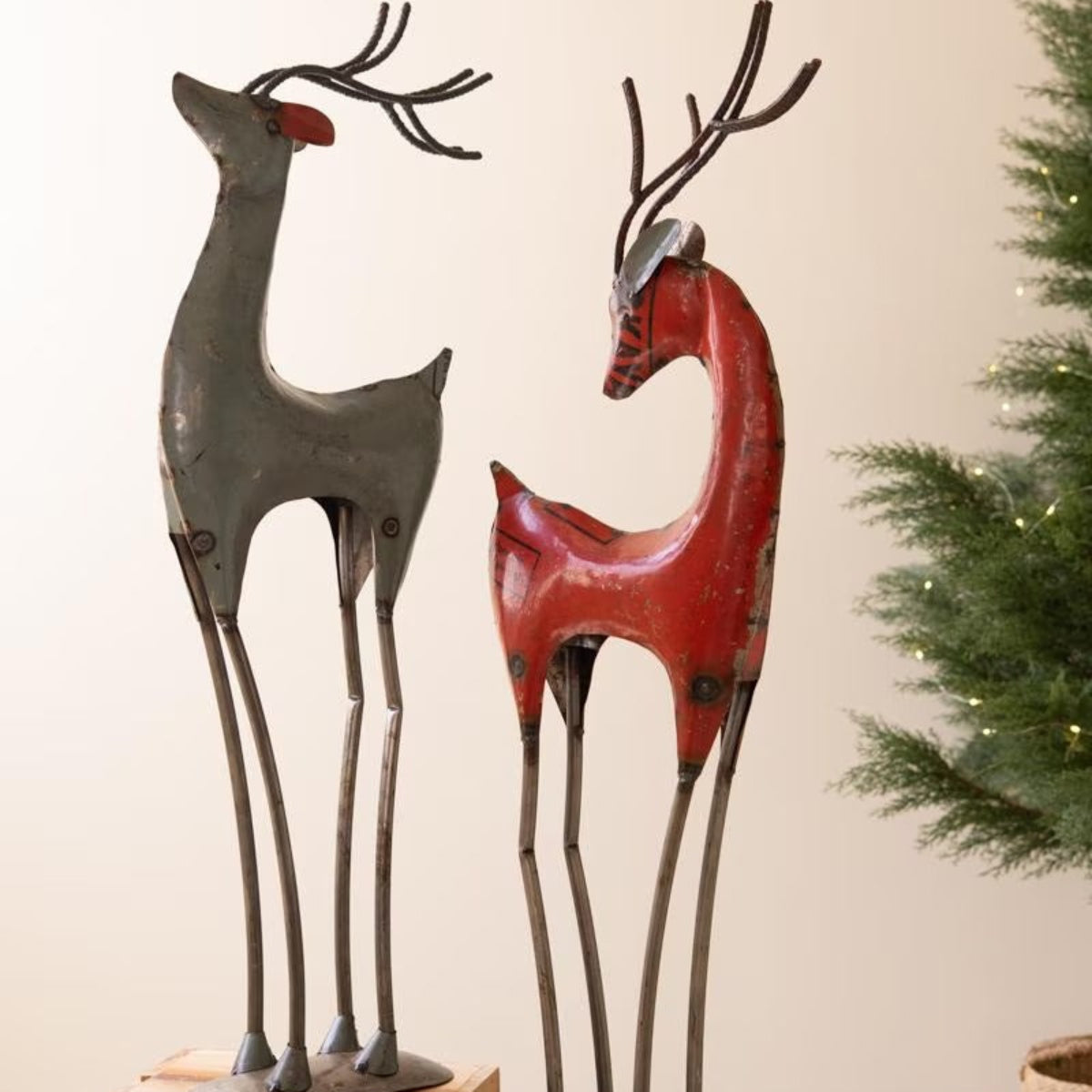 Peppermint Prancer Reindeer, set of 2 red and silver recycled iron reindeer