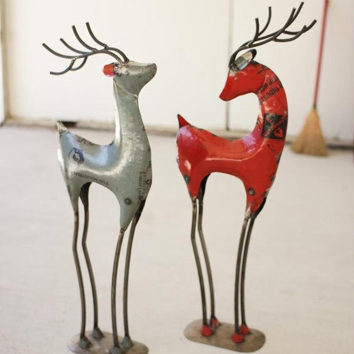 Peppermint Prancer Reindeer, set of 2 red and silver recycled iron reindeer