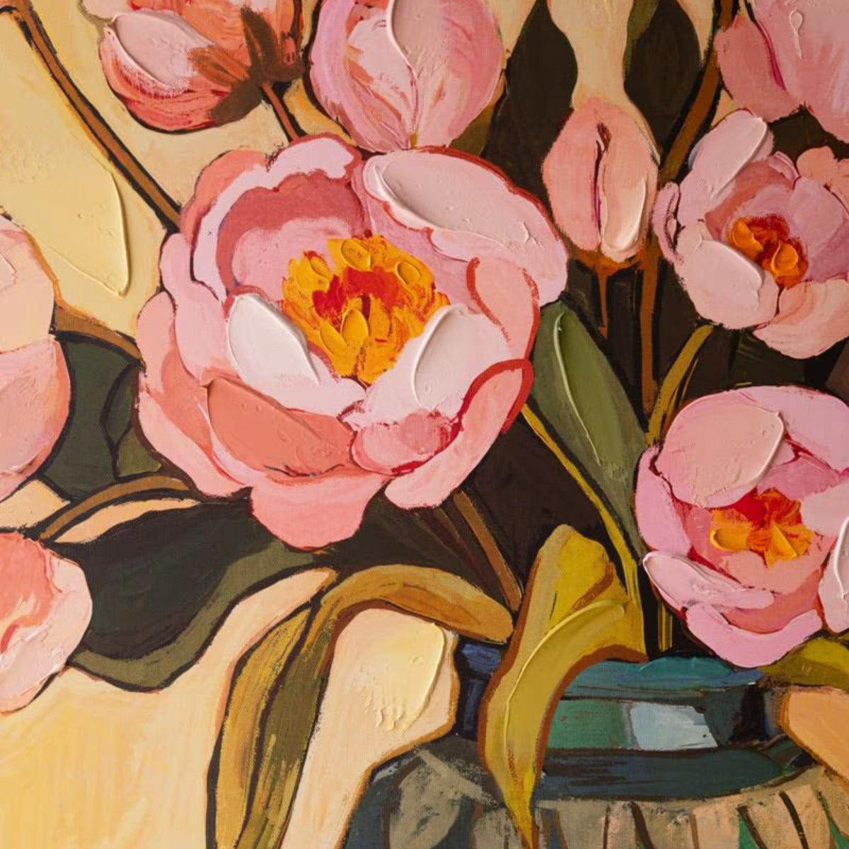 Close-up of painted pink peony blooms with textured brushstrokes