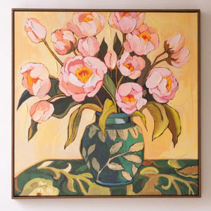 Pink flowers in blue vase framed wall art on a white background