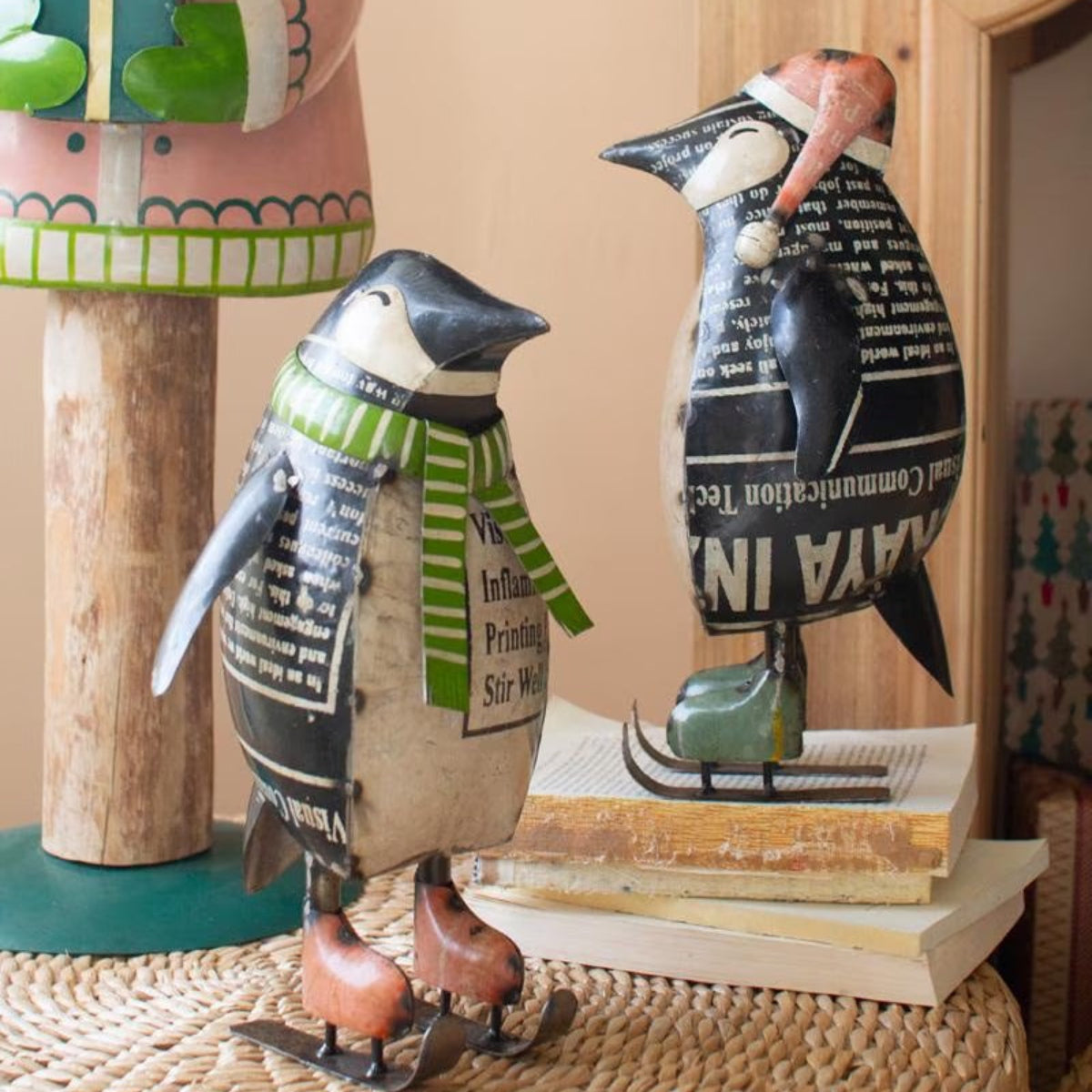 Pond Skater Penguins, set of 2 recycled metal penguins on ice skates