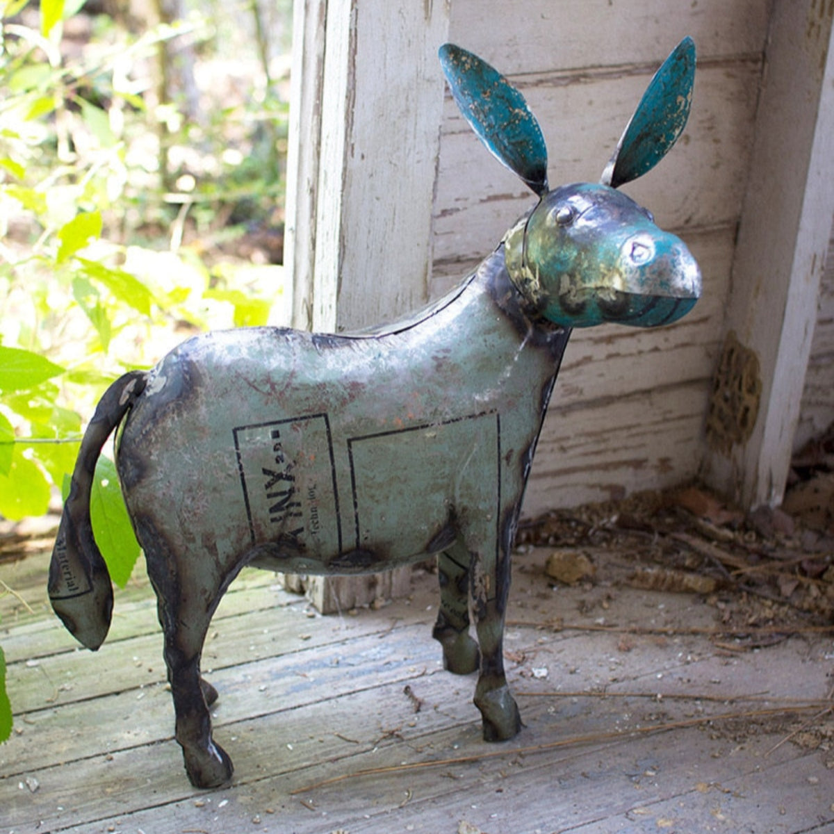 Distressed blue recycled metal donkey sculpture