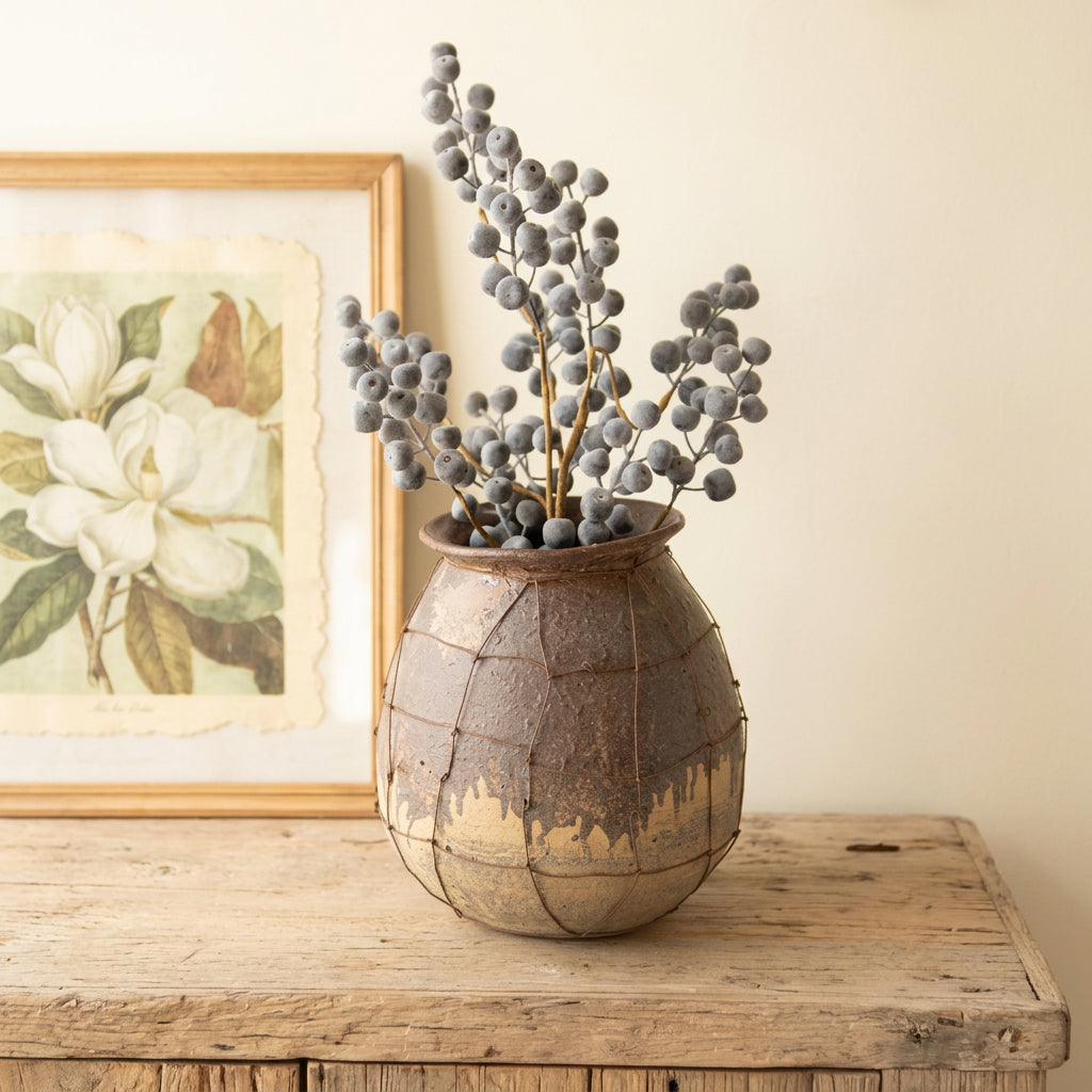Rustic ceramic vessel with wire detail holding dried stems