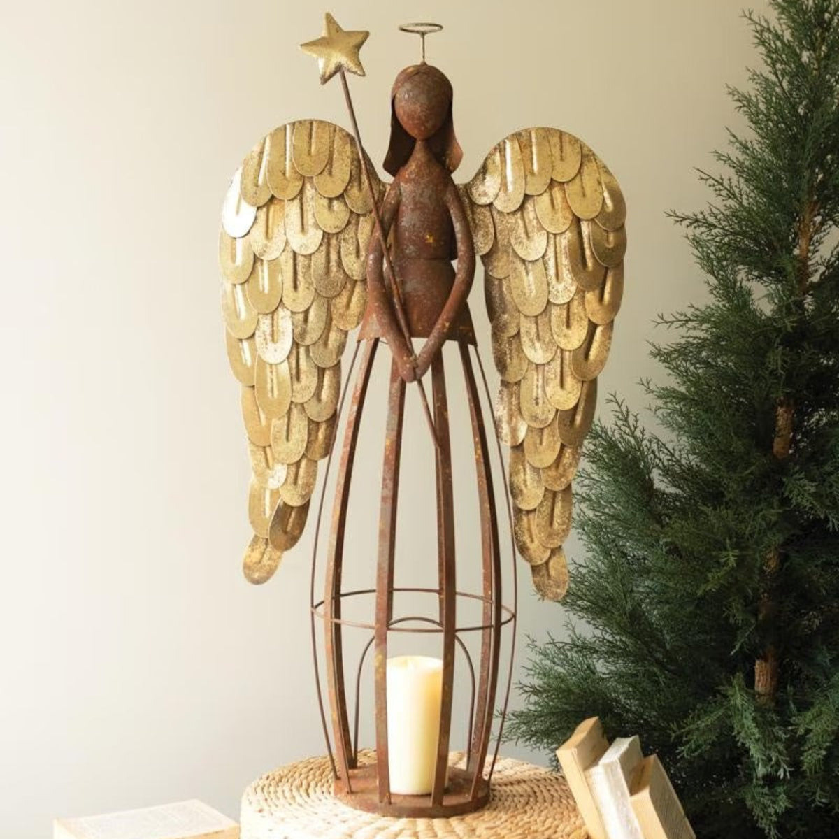 Rustic Gold Wing Christmas Angel Display, iron angel luminary with gold wings and a candle inside