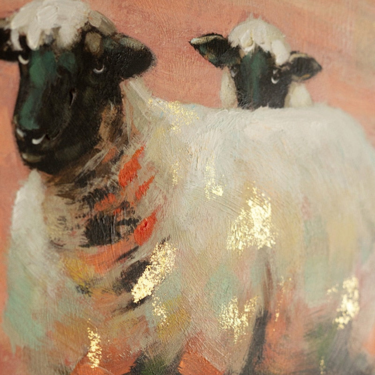 Close-up of the textured brushstrokes on the sheep painting