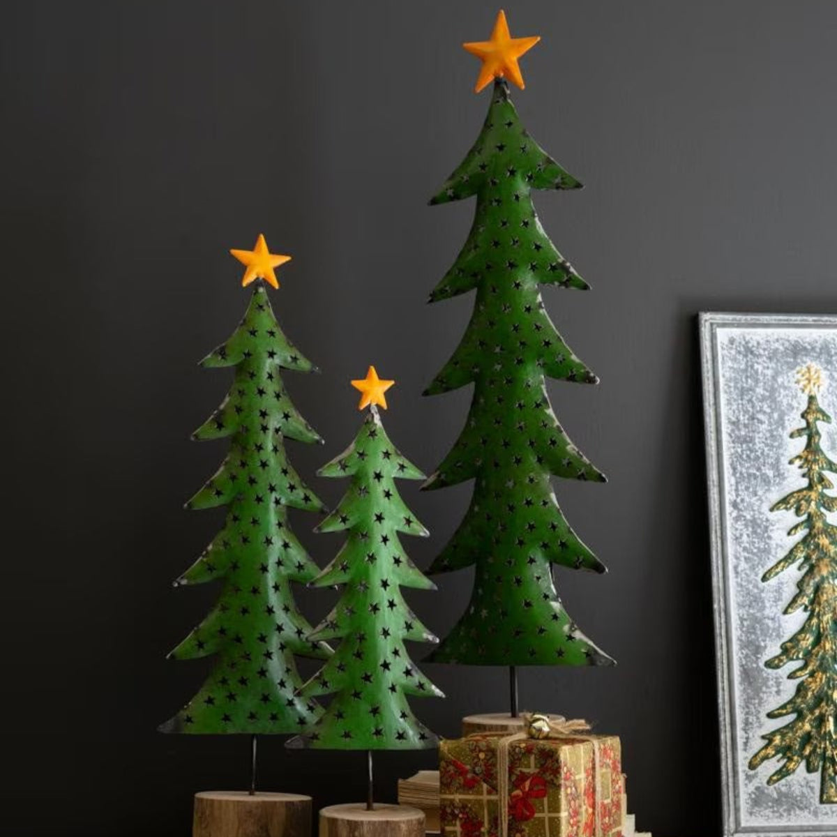 Starlit Iron Christmas Trees, set of 3 green recycled iron trees with gold star toppers on wood bases