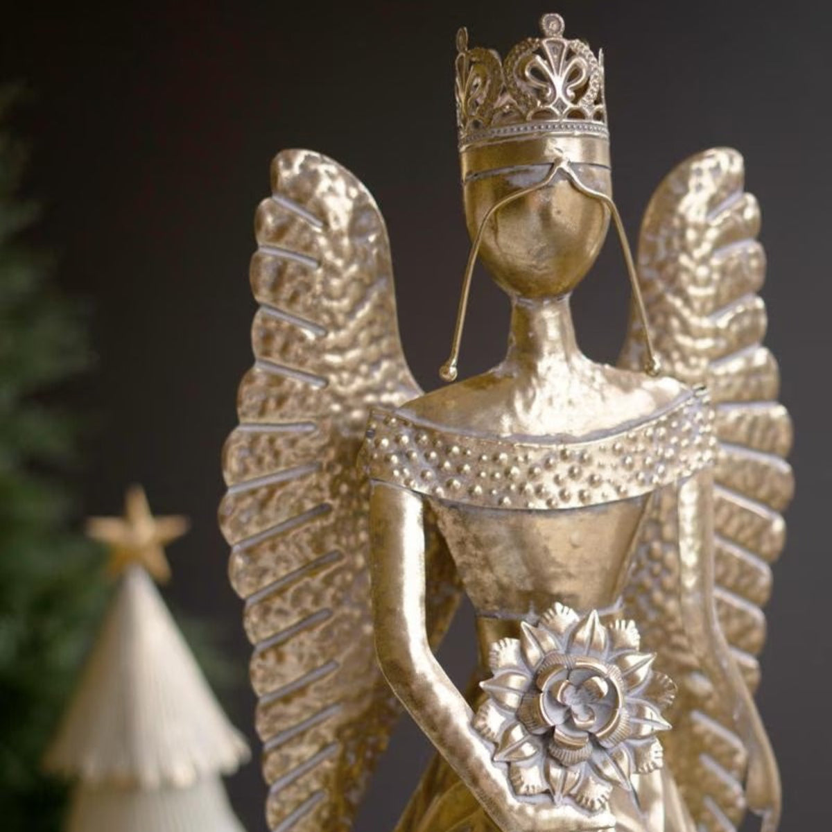 Tall Distressed Gold Metal Angel Sculpture, 39 inch crowned gold angel with wings