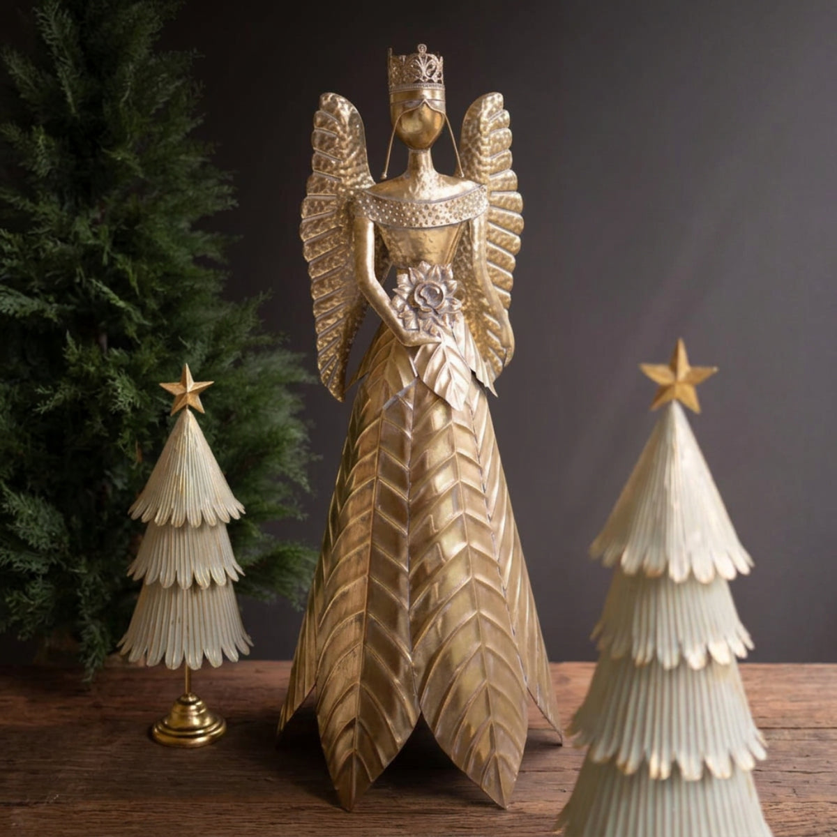 Tall Distressed Gold Metal Angel Sculpture, 39 inch crowned gold angel with wings