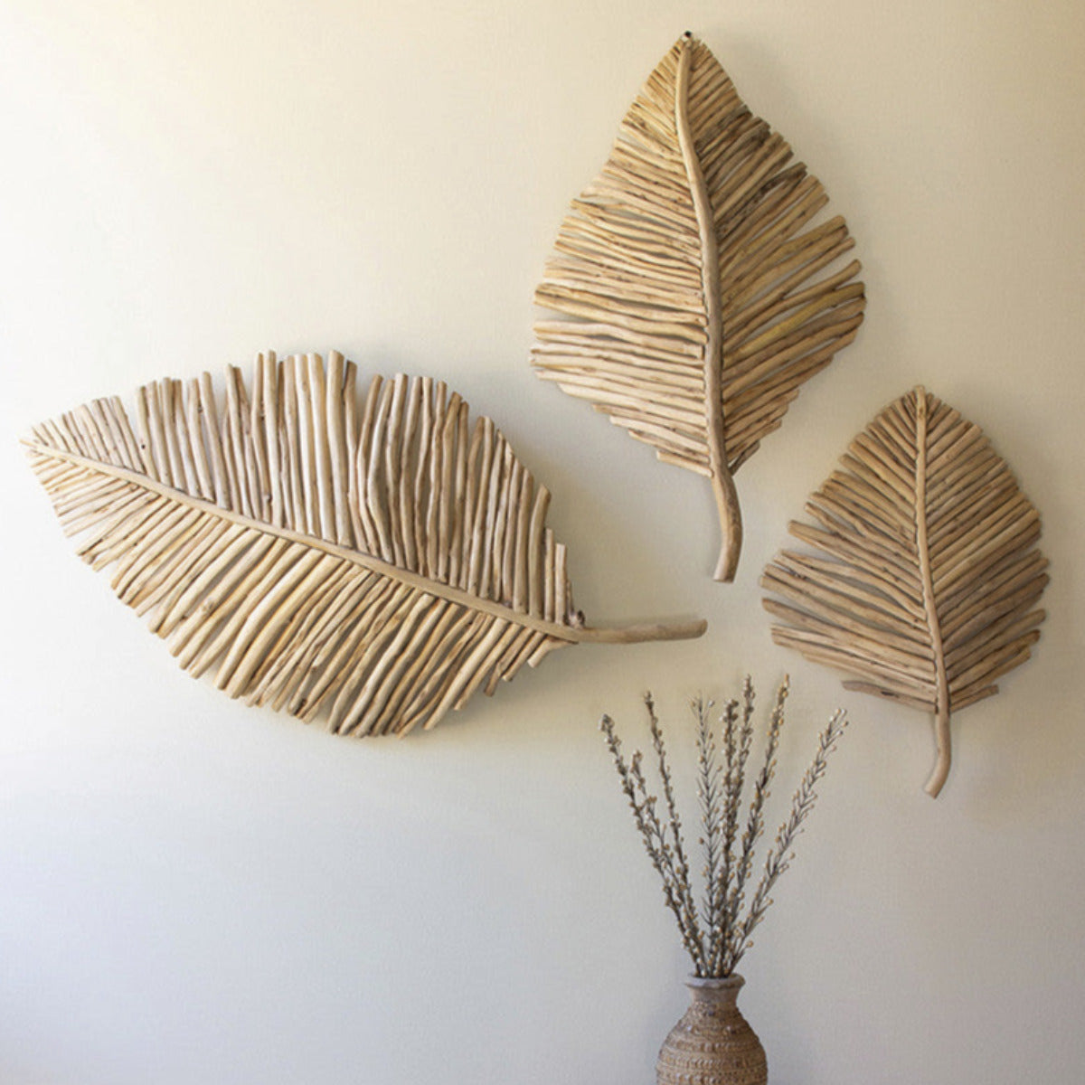 Set of 3 hand-carved teakwood leaf wall art pieces