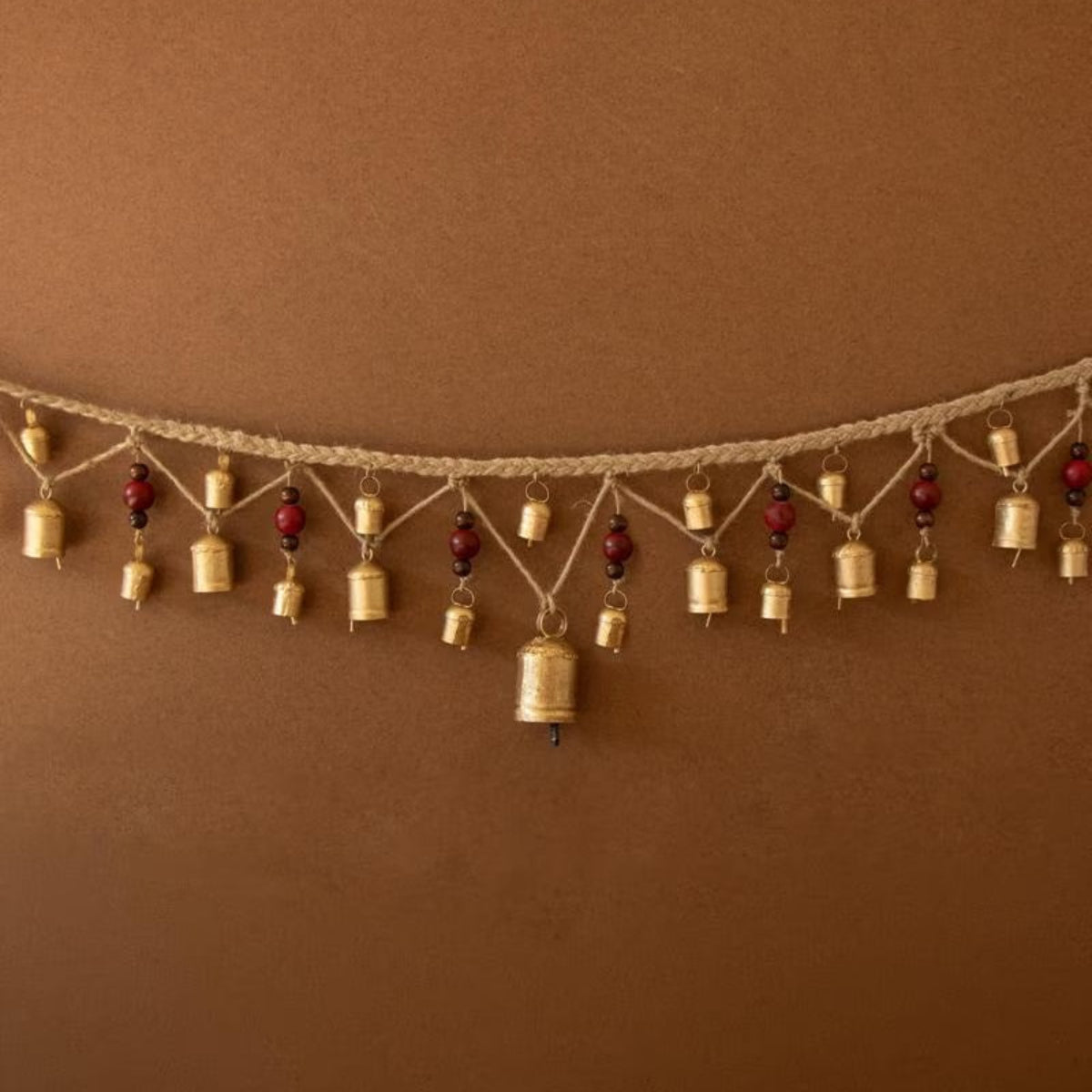 Full length of 70 inch rustic Christmas bell garland