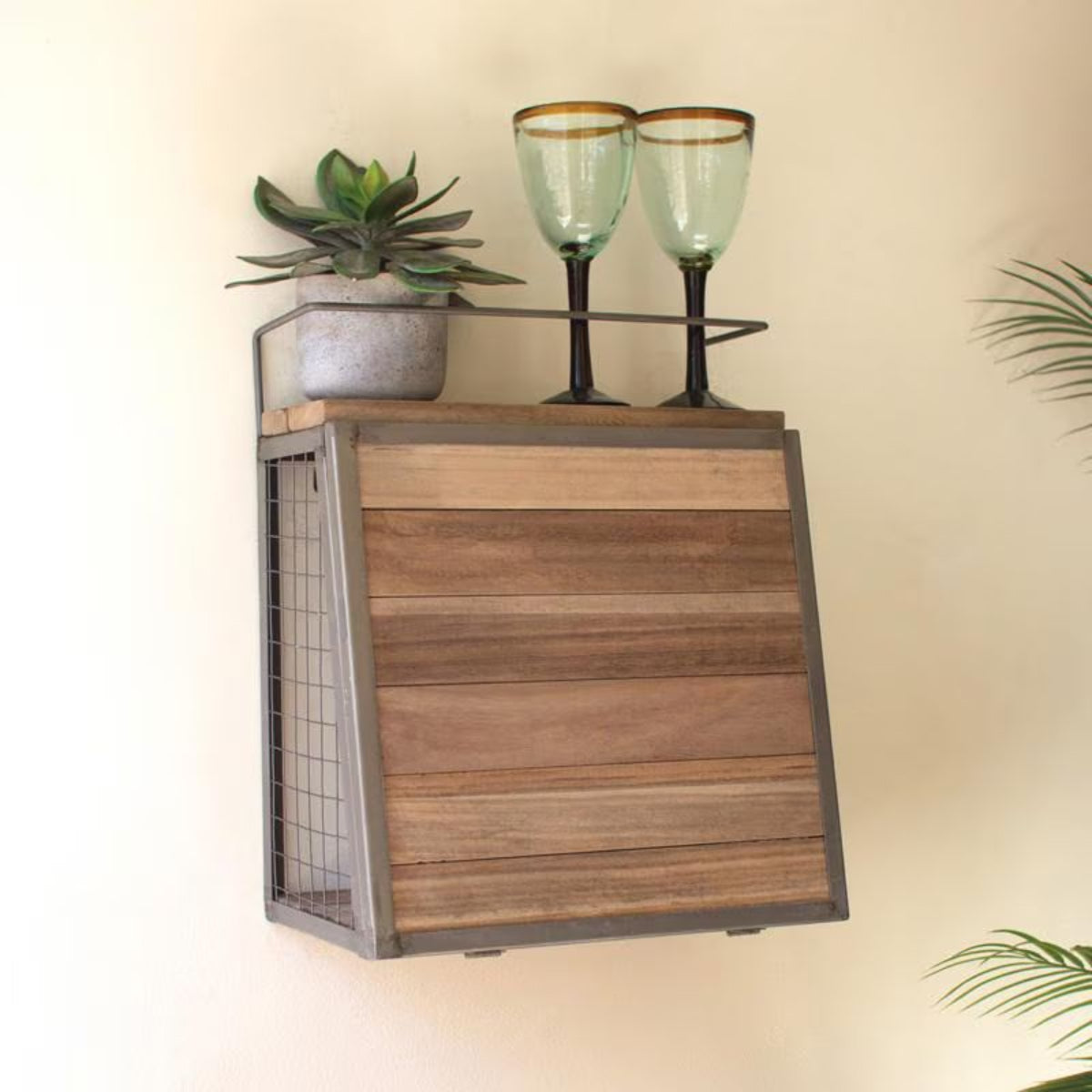 Metal and wood wall bar with fold-down shelf closed