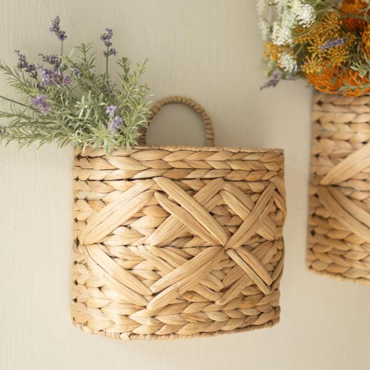 Detail of natural woven basket texture with greenery