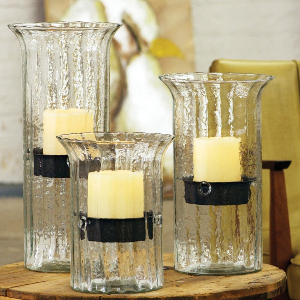 Wavy edge glass hurricane with candle insert