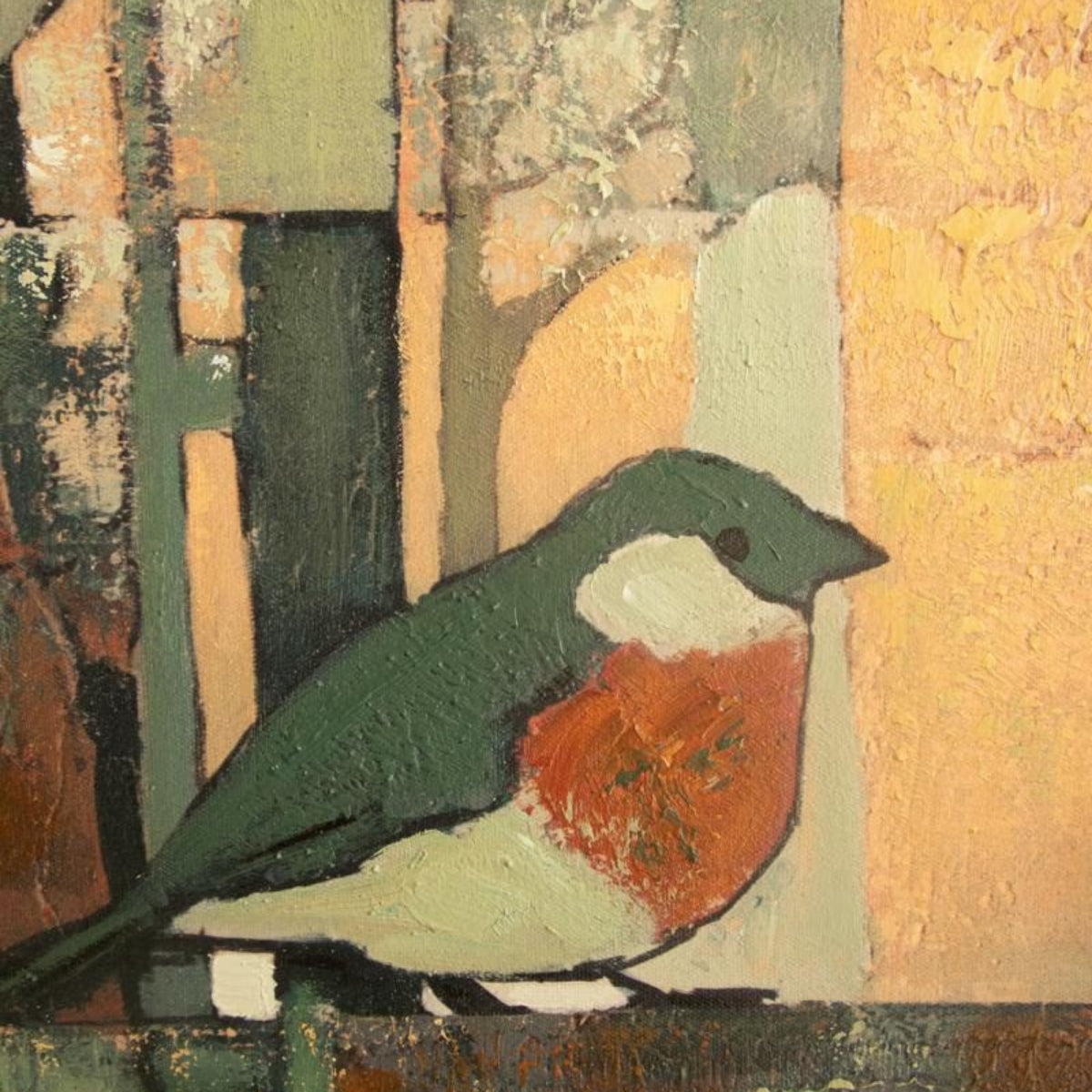 Close-up of painted songbird among textured abstract leaves