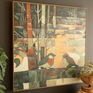 Woodland bird canvas art in a dark room setting