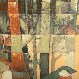 Detail of layered tree trunks in green, rust and gold