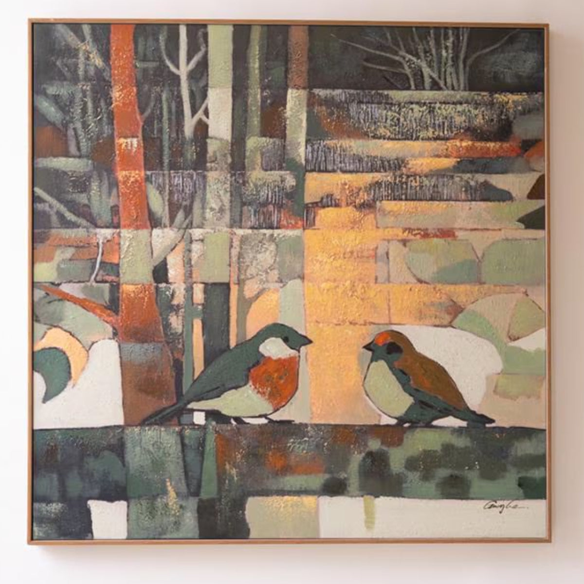 Framed woodland songbird canvas on a white background