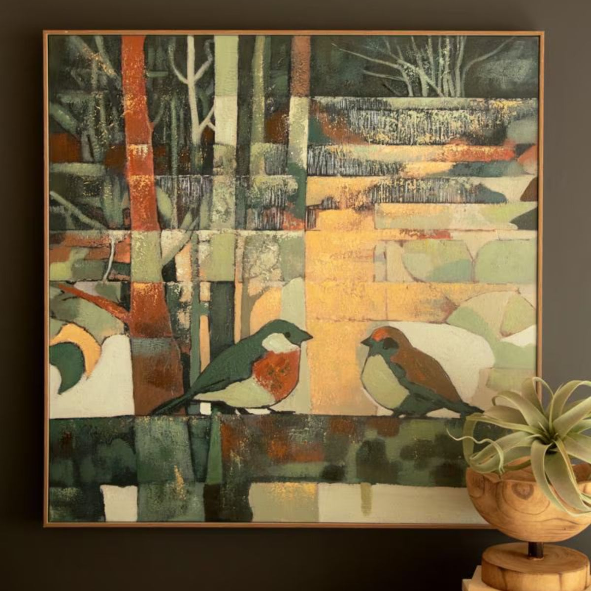 Woodland Songbird Canvas Art, framed abstract forest painting with birds hung on a dark wall