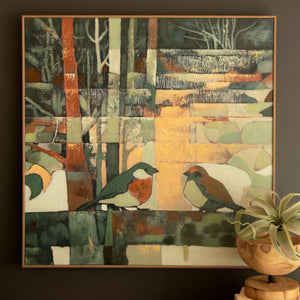 Woodland Songbird Canvas Art, framed abstract forest painting with birds hung on a dark wall