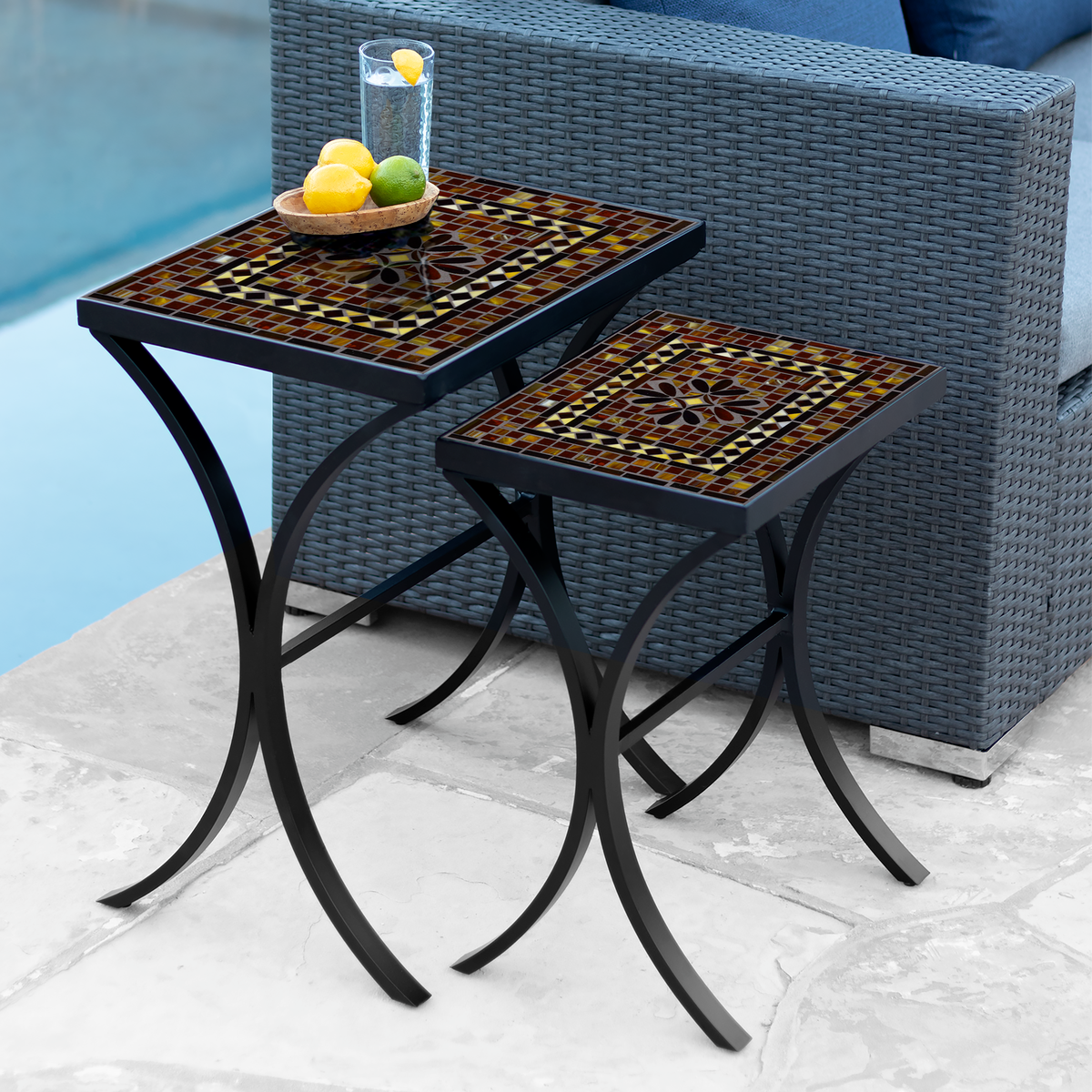 Mahogany Atlas Mosaic Nesting Tables-Iron Accents