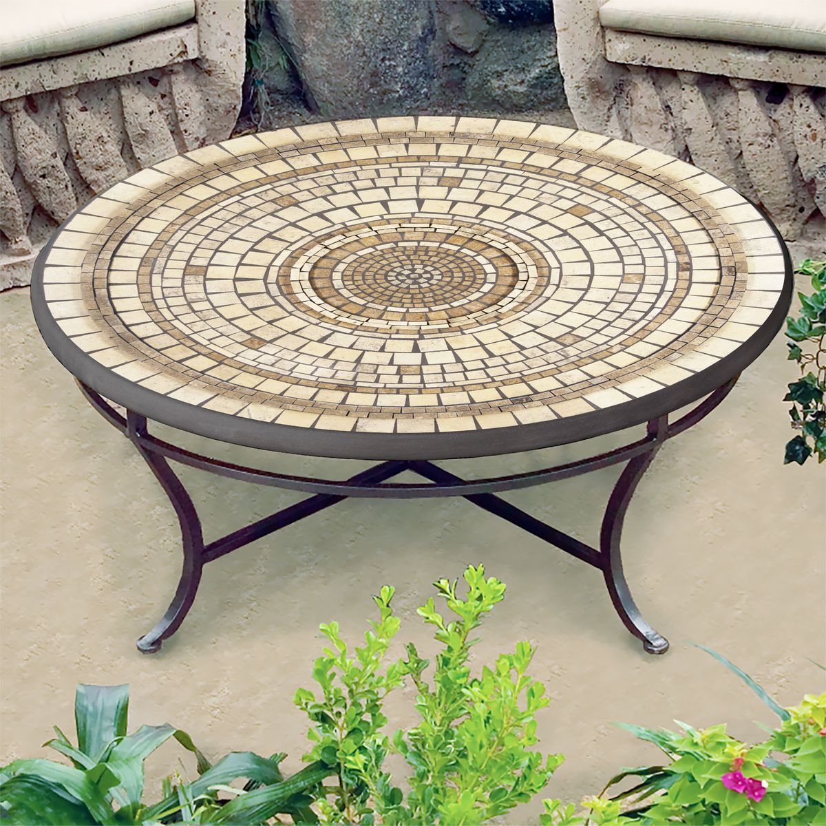 Marble Stone Mosaic Coffee Table-Iron Accents