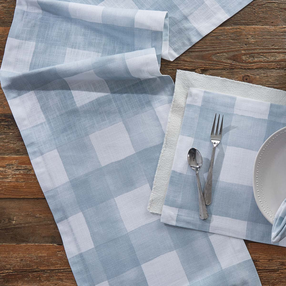 Watercolor Blue Check Table Linens - Iron Accents