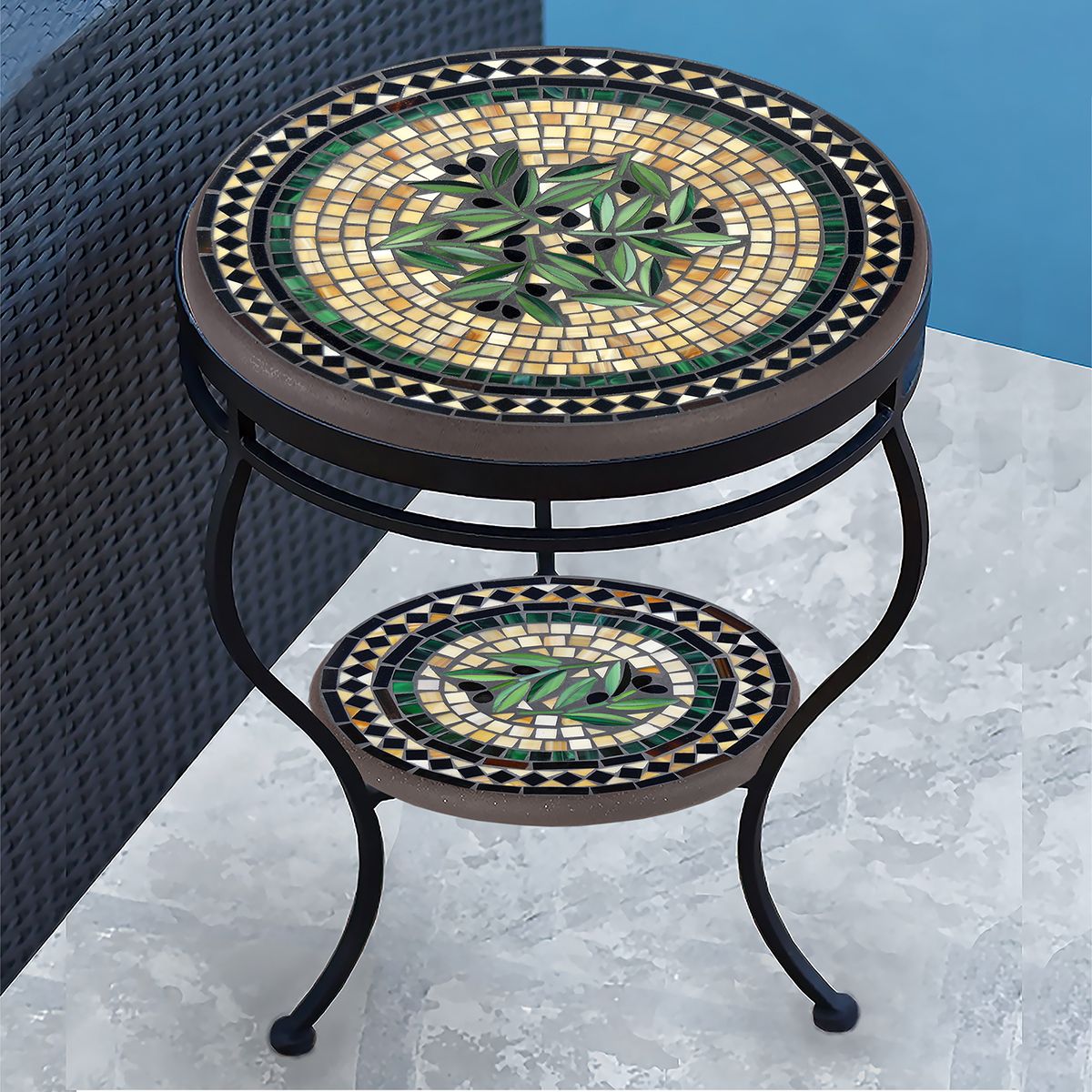 Black Olives Mosaic Side Table - Tiered-Iron Accents