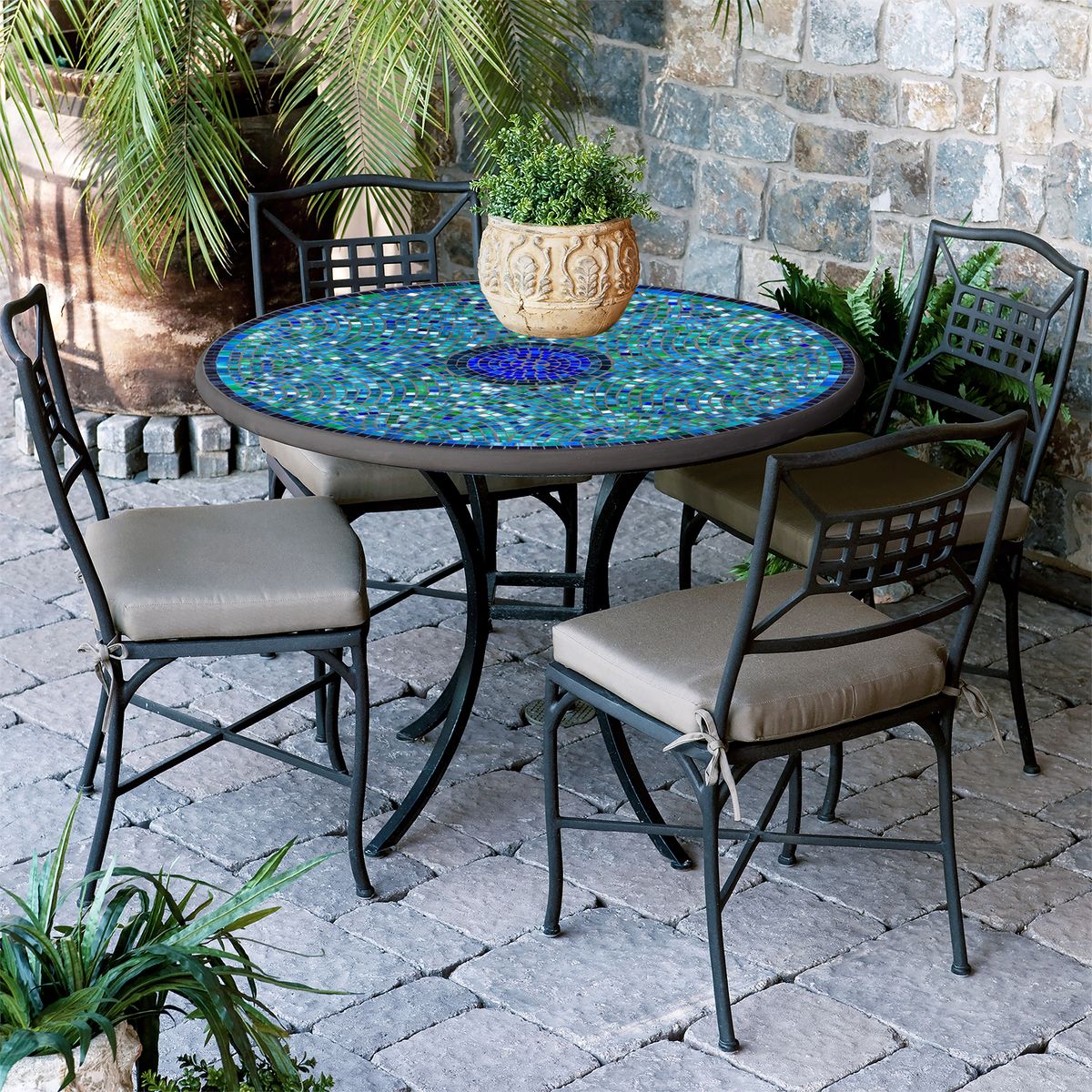 Opal Glass Mosaic Patio Table-Iron Accents