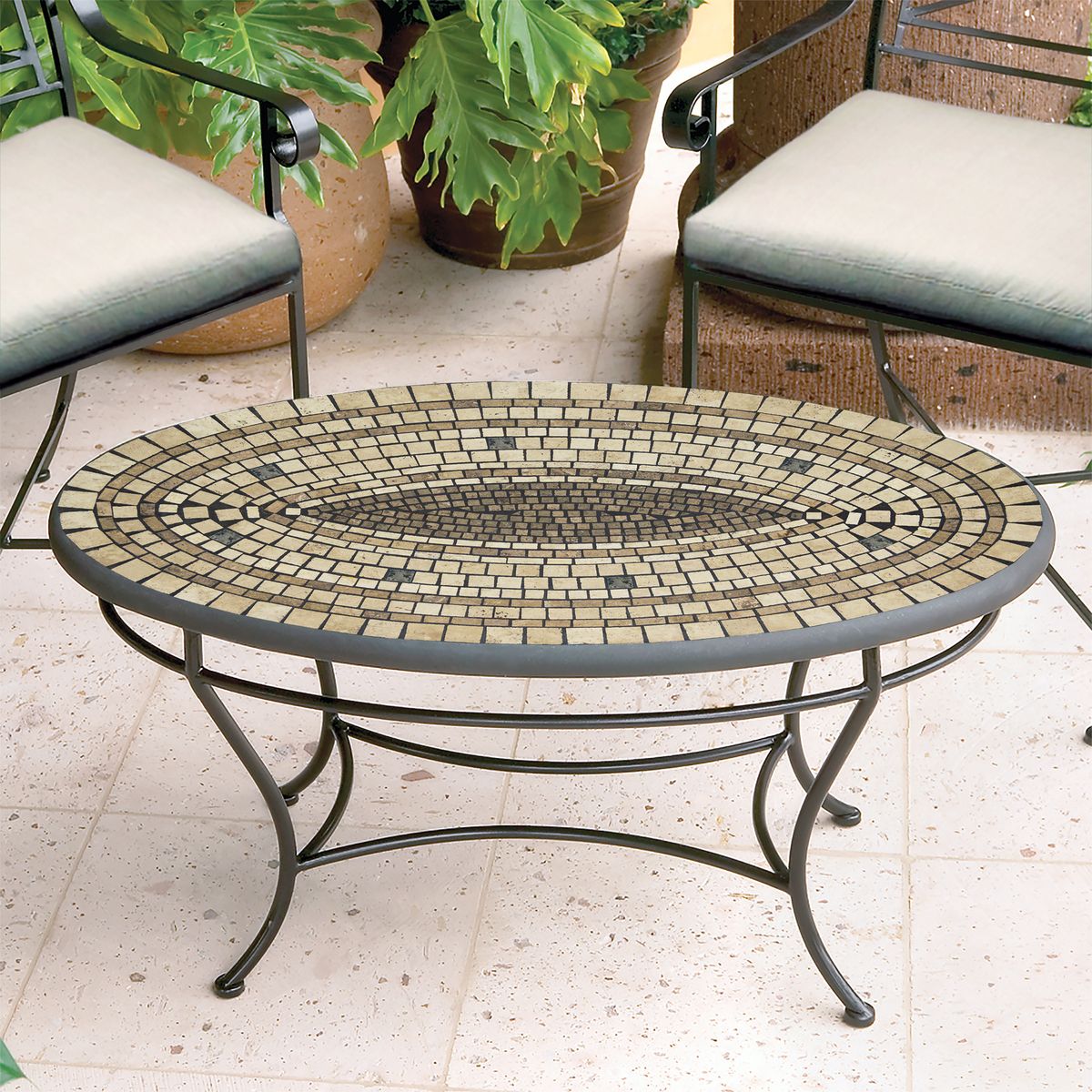 Marble Stone Mosaic Coffee Table - Oval-Iron Accents