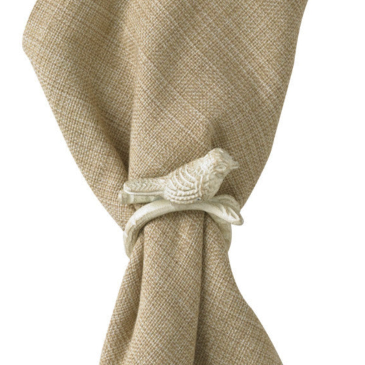 Cream bird napkin ring with natural linen for spring table decor