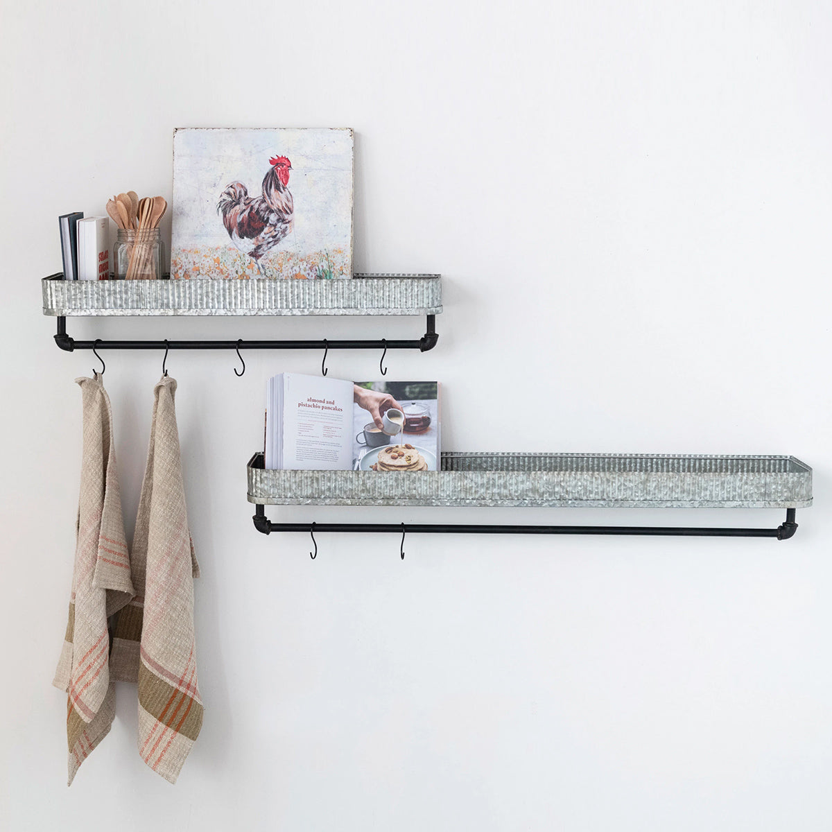Galvanized Metal Shelves with Bars and 17 Hooks, Set of 2 - Silver