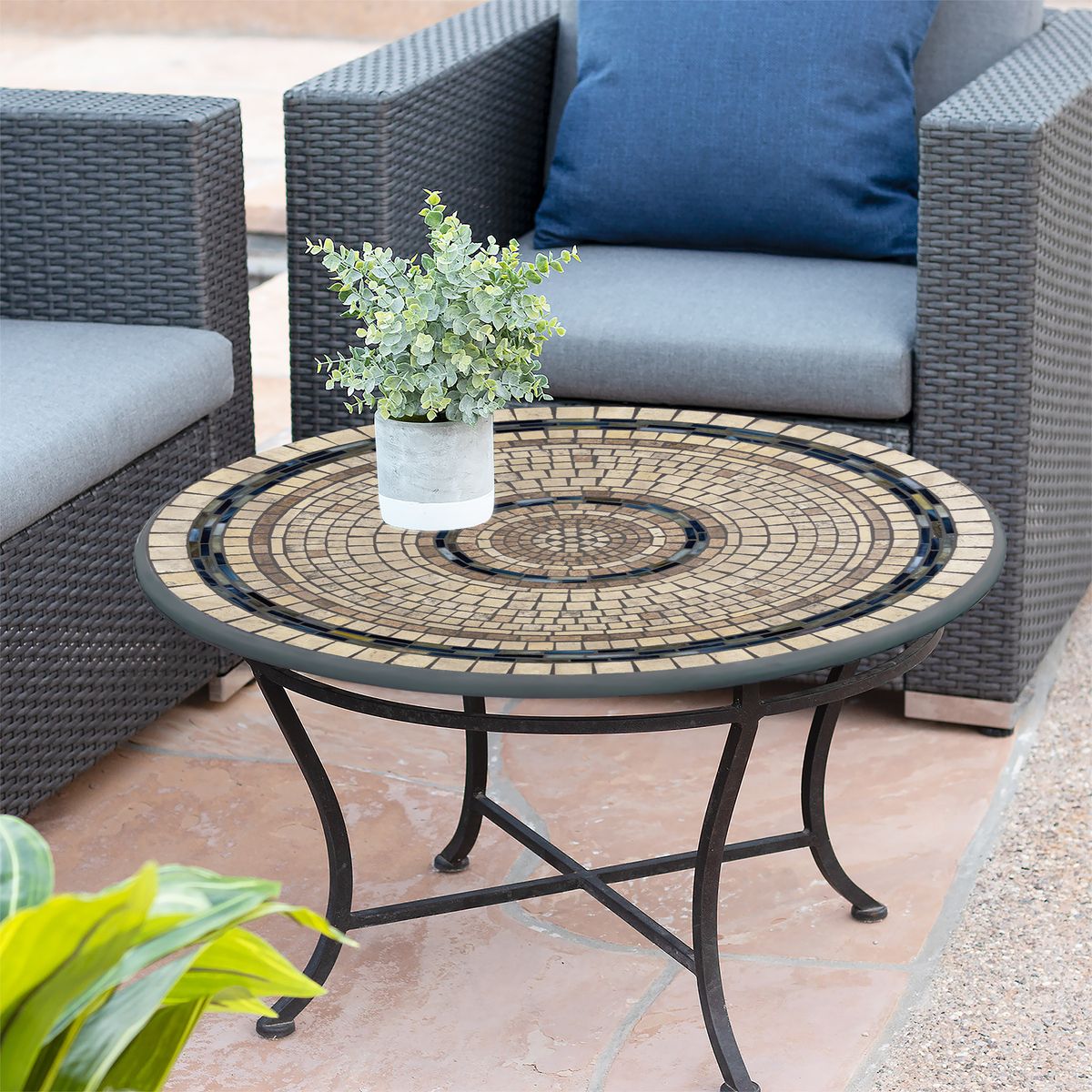 Slate Stone Mosaic Coffee Table-Iron Accents