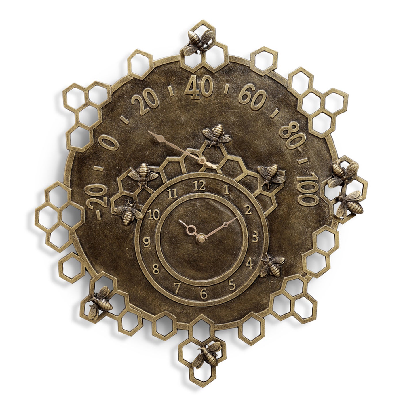Decorative honeycomb outdoor clock and thermometer with bee accents