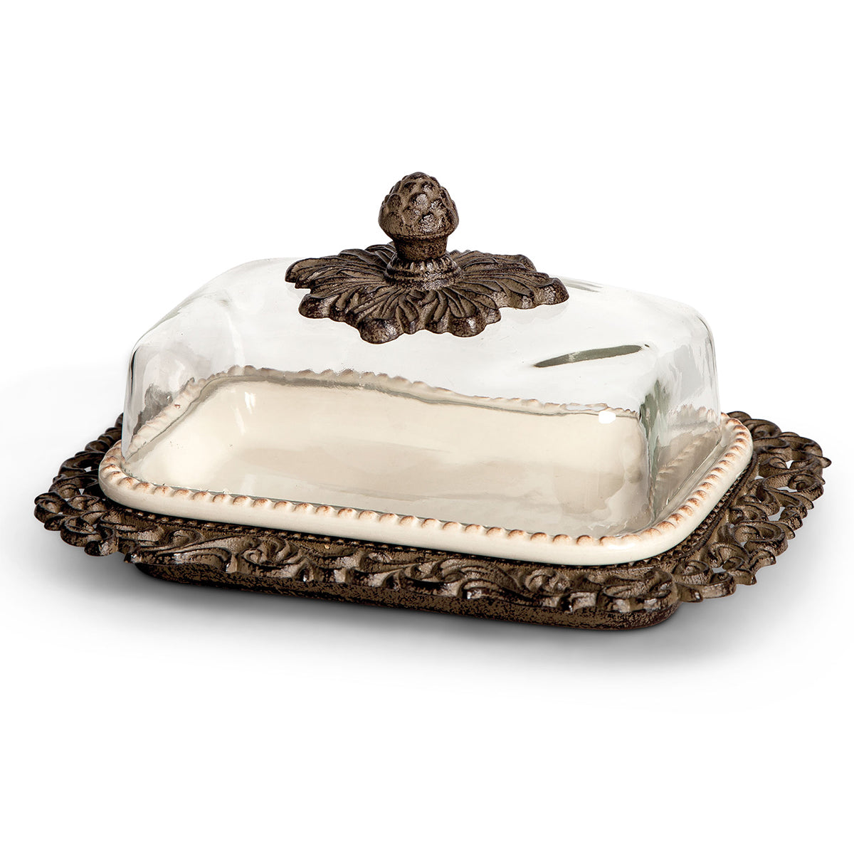 Cream ceramic butter dish with decorative metal accents