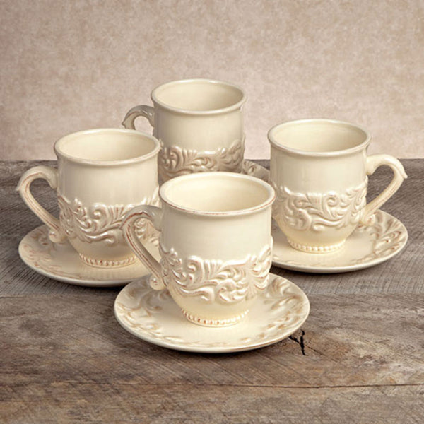 Acanthus Tall Cups & Saucers – Ceramic Set - Iron Accents