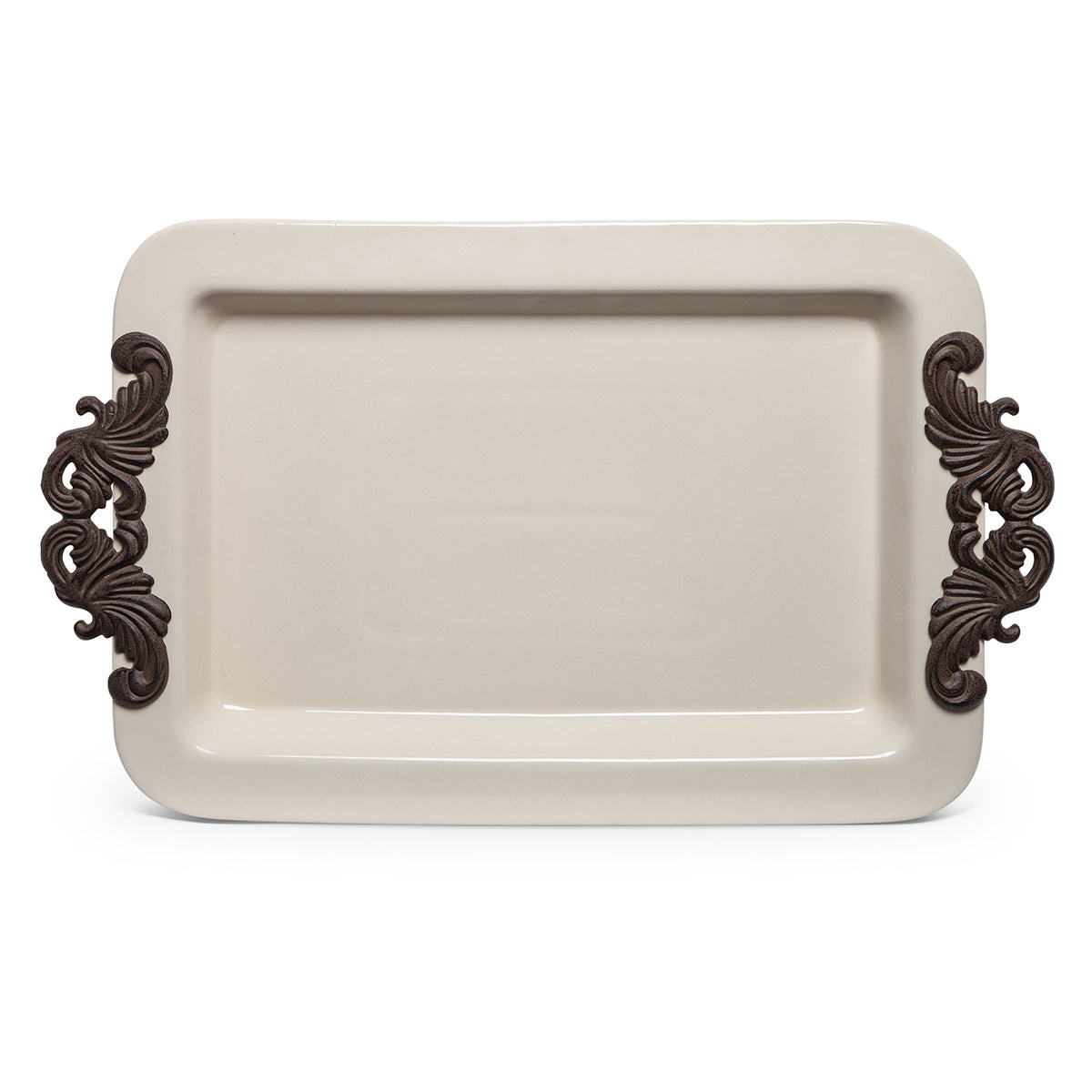 Decorative cream tray with ornate metal handles