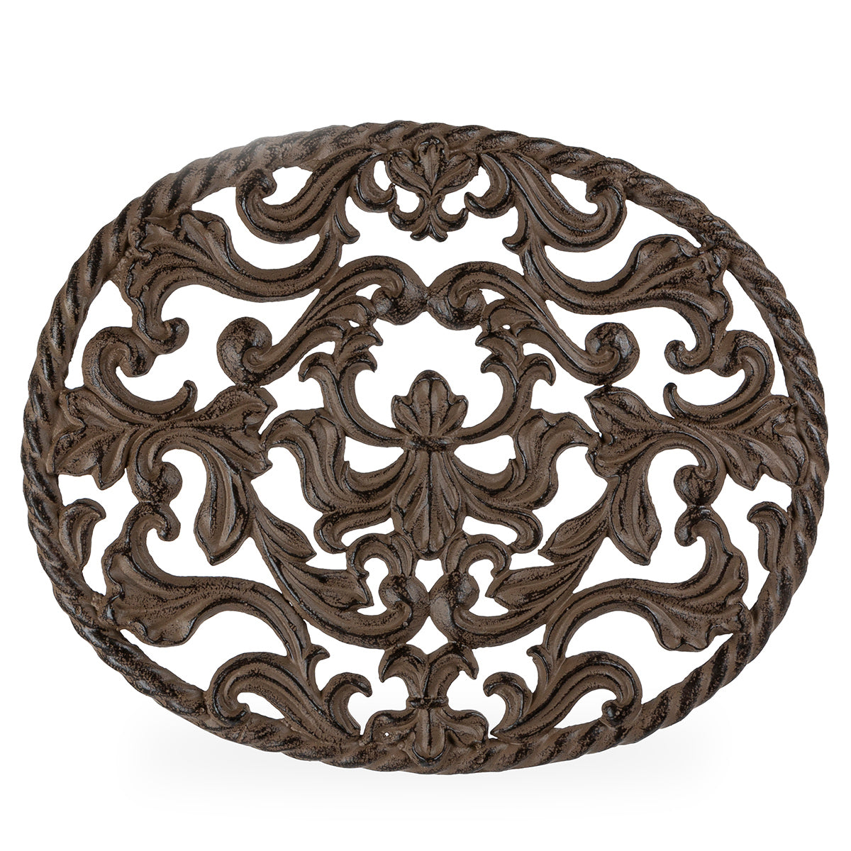 Decorative cast iron acanthus trivet for protecting a table from a hot dish