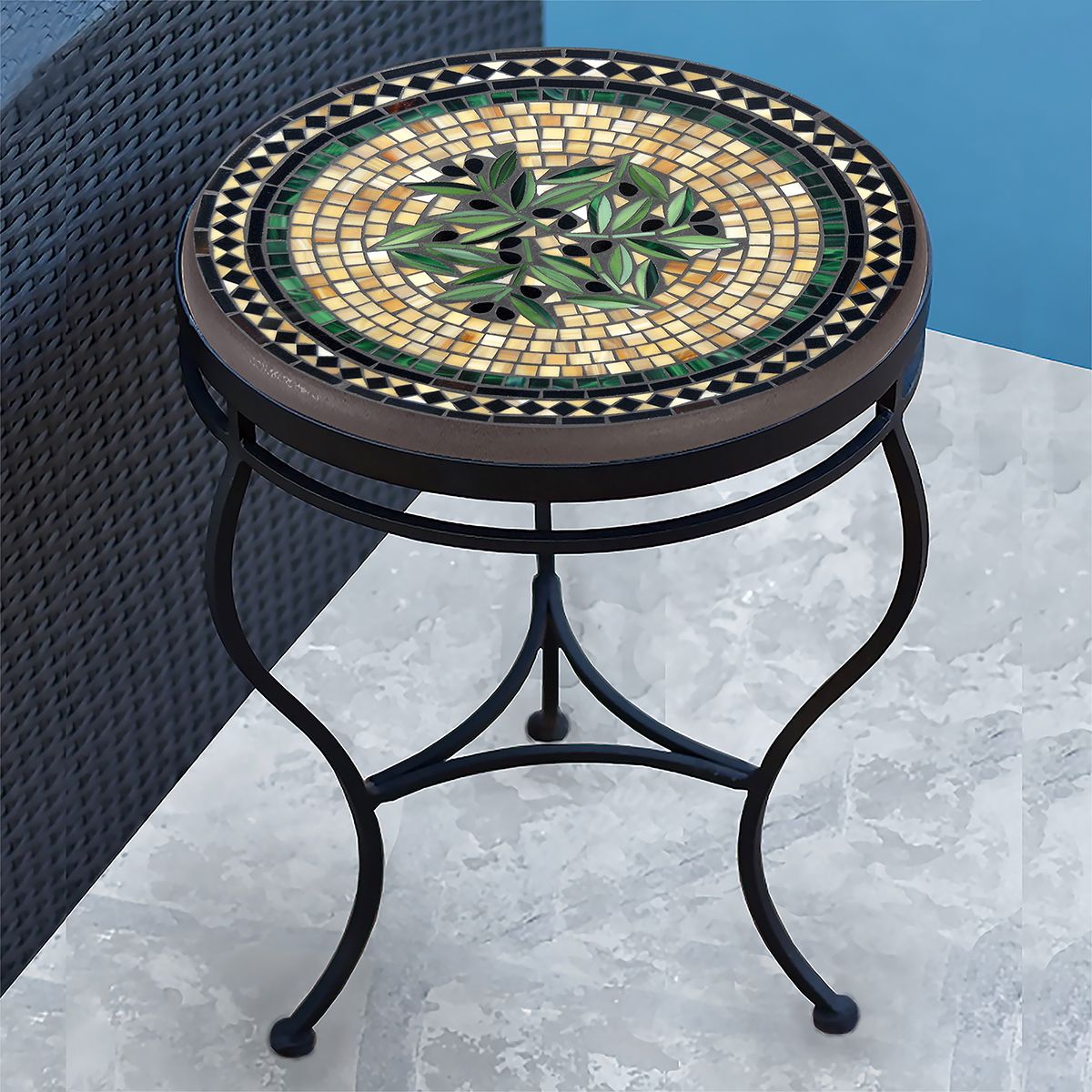 Black Olives Mosaic Side Table-Iron Accents