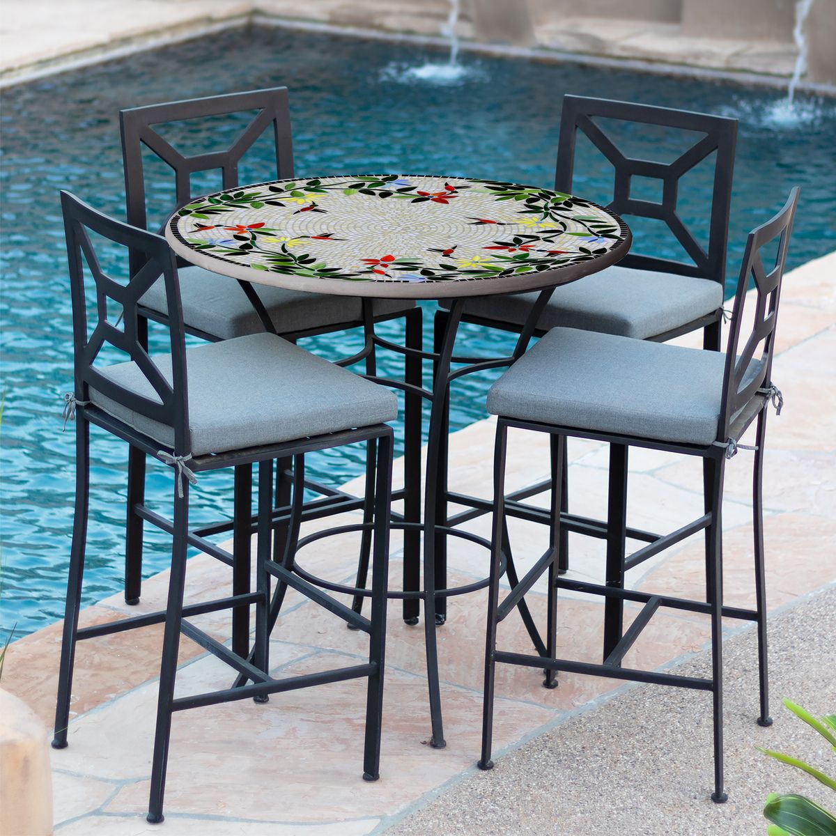 Hummingbird Mosaic High Dining Table-Iron Accents