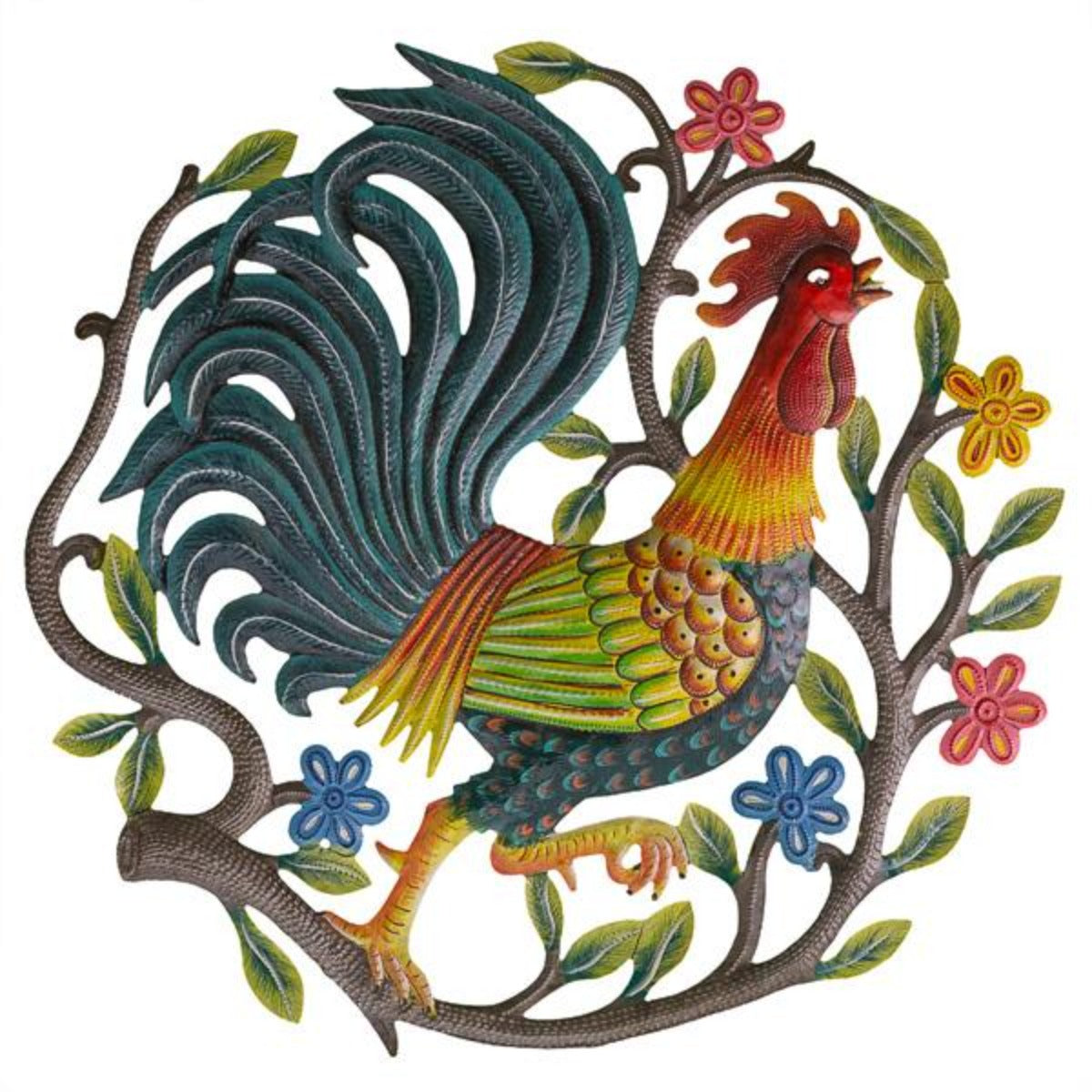 Painted Crowing Rooster-Iron Accents