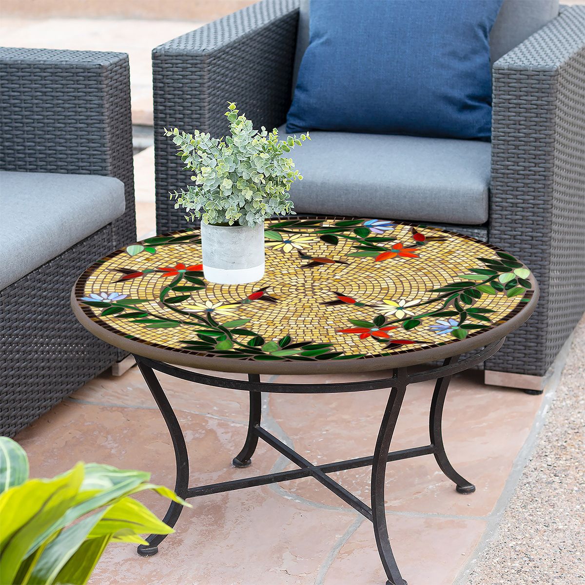 Caramel Hummingbird Mosaic Coffee Table-Iron Accents