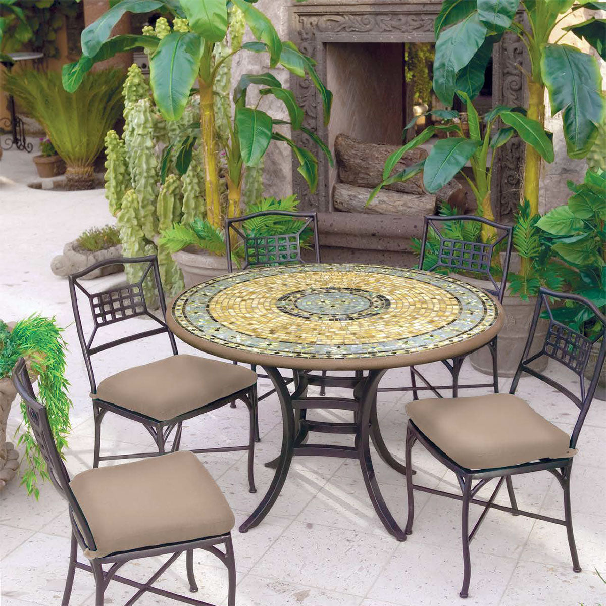 los angeles mosaic umbrella patio tables 54" KNF Mosaic Patio Table Set w/4-6 Chairs