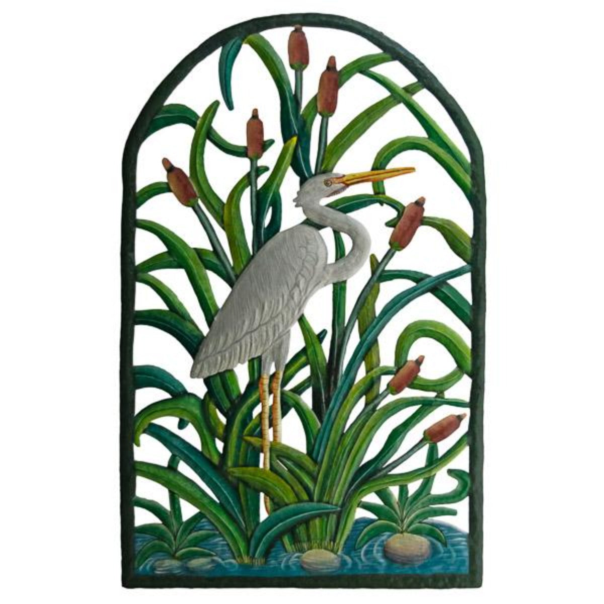 Painted Great Egret Plaque-Iron Accents