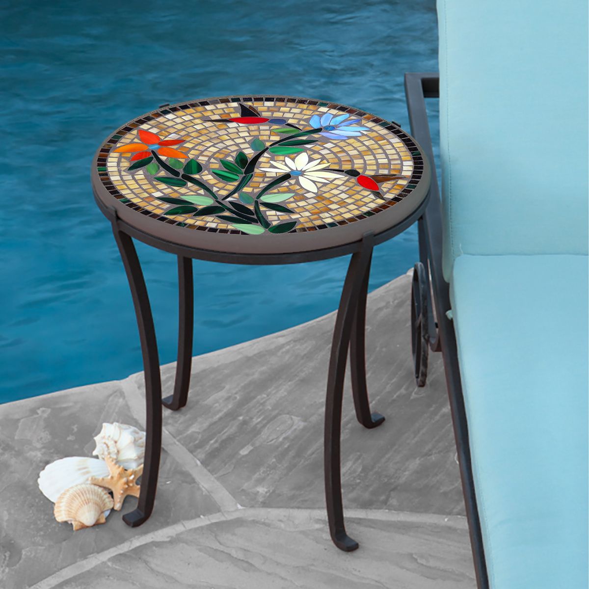 Caramel Hummingbird Mosaic Chaise Table-Iron Accents