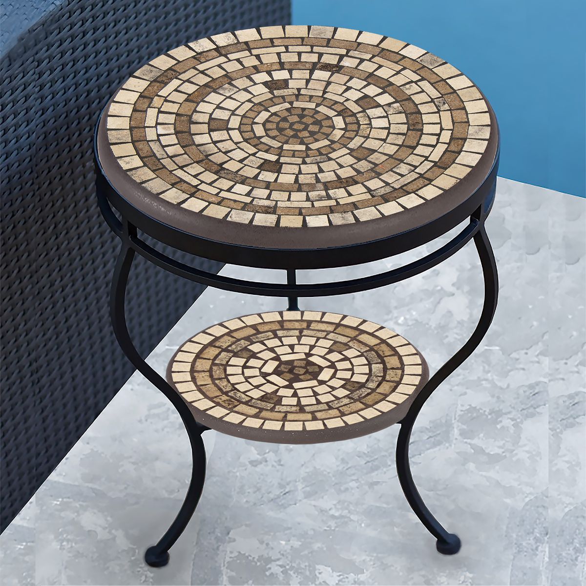 Marble Stone Mosaic Side Table - Tiered-Iron Accents
