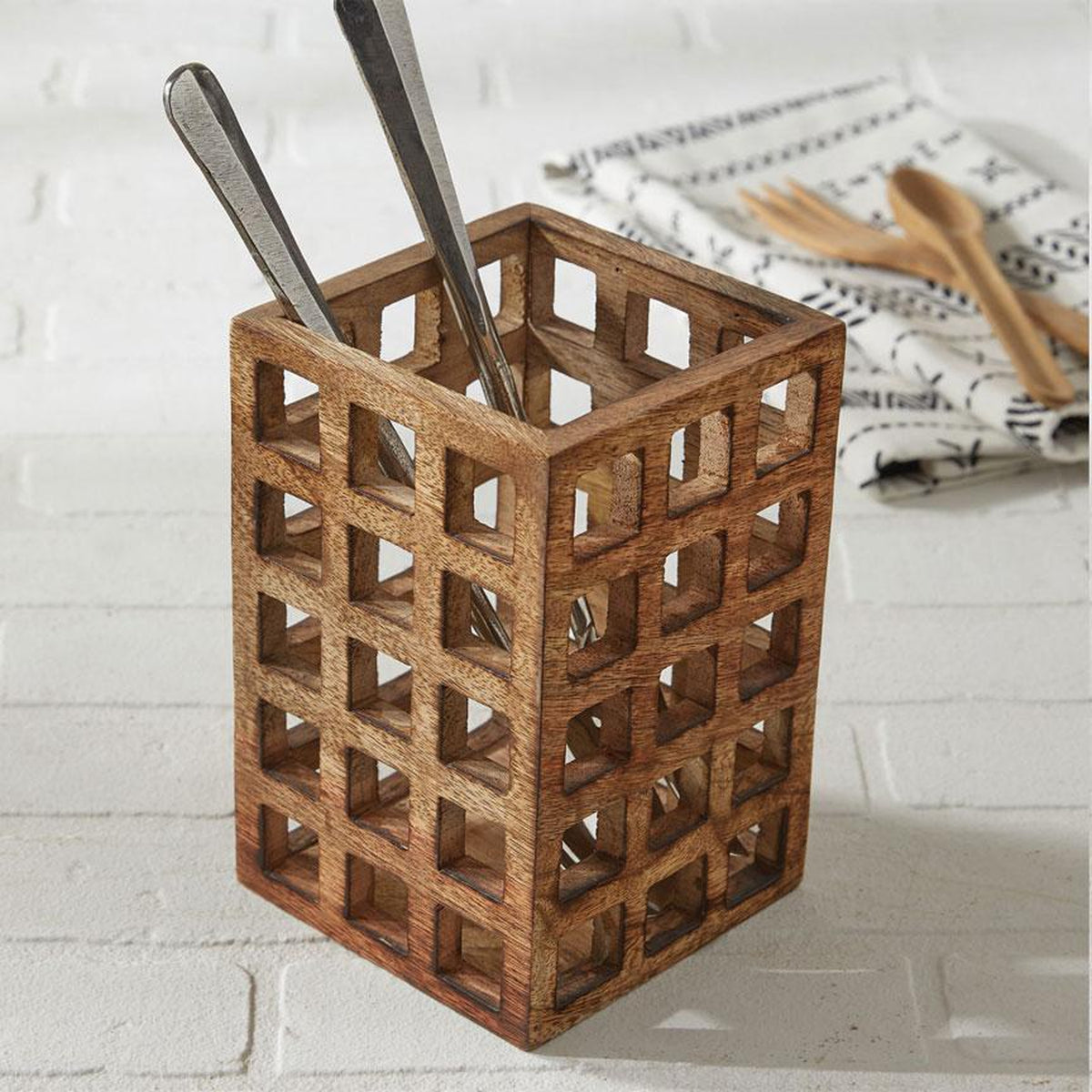 Lattice Wood Utensil Crock-Iron Accents